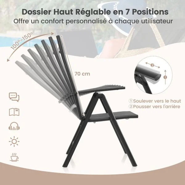 Lot de 2 Chaises de Salle à Manger Pliantes pour Patio Chaises d'Extérieur avec Dossier Haut Réglable sur 7 Niveaux Marron