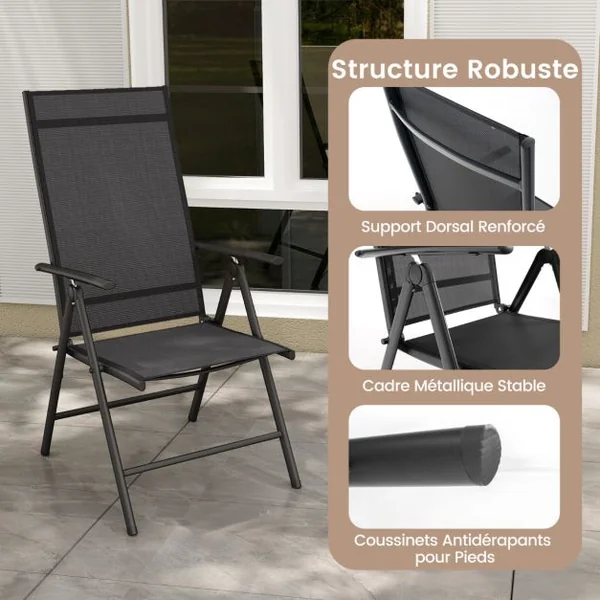 Lot de 2 Chaises de Salle à Manger Pliantes pour Patio Chaises d'Extérieur avec Dossier Haut Réglable sur 7 Niveaux Marron
