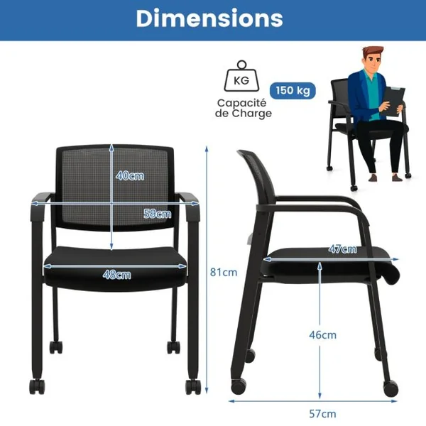 Lot de 2 Chaises de Salles de Réunion Chaises de Bureau Empilables en Maille Réception pour Salle d'Attente École Capacité 150 kg Noir