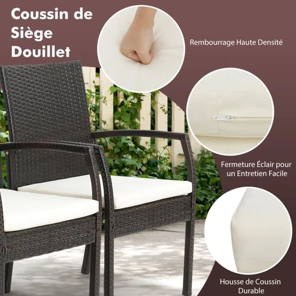 Lot de 2 Chaises de Terrasse en Osier Chaises d'Extérieur en Rotin PE avec Coussin doux à Fermeture Éclair Fauteuils en Rotin pour Jardin