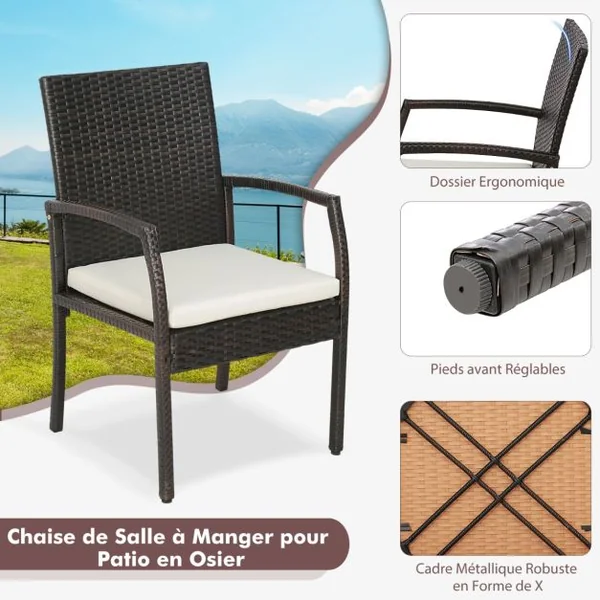 Lot de 2 Chaises de Terrasse en Osier Chaises d'Extérieur en Rotin PE avec Coussin doux à Fermeture Éclair Fauteuils en Rotin pour Jardin