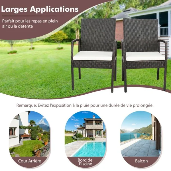 Lot de 2 Chaises de Terrasse en Osier Chaises d'Extérieur en Rotin PE avec Coussin doux à Fermeture Éclair Fauteuils en Rotin pour Jardin