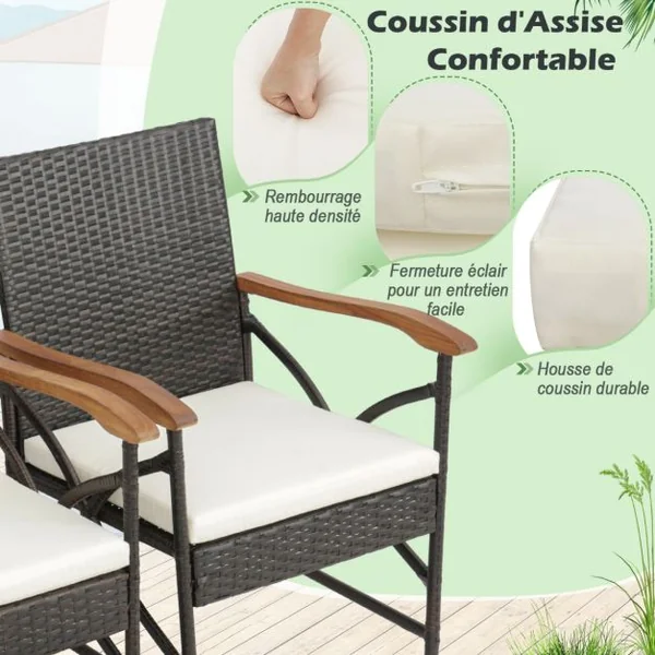 Lot de 2 Chaises de Terrasse en Osier Fauteuilss d'Extérieur en Rotin PE avec Coussin Doux Cadre en Métal et Osier Résistant aux Intempéries