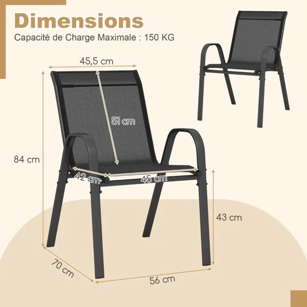 Lot de 2 Chaises empliables Tissu Respirant et Structure Antirouille Charge Max 120kg pour Jardin Terrasse Bleu/Marron/Noir/Gris
