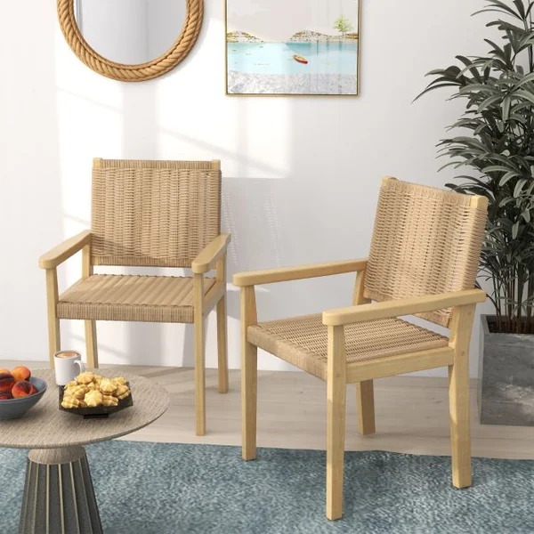 Lot de 2 Chaises en Bois avec Siège en Papier Tressé Chaise de Salle à Manger Moderne avec Cadre en Bois Caoutchouc Robuste Naturel
