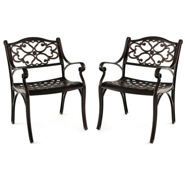 Lot de 2 Chaises en Fonte d'Aluminium Chaises de Salle à Manger d'Extérieur Toutes Saisons Accoudoirs et Sièges Incurvés Bronze
