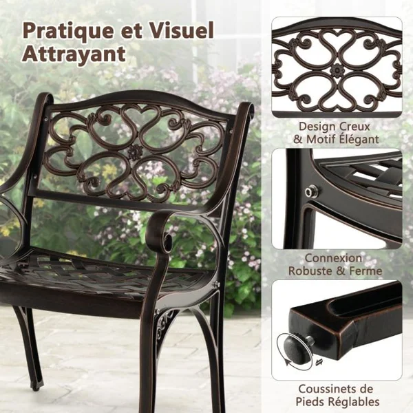 Lot de 2 Chaises en Fonte d'Aluminium Chaises de Salle à Manger d'Extérieur Toutes Saisons Accoudoirs et Sièges Incurvés Bronze