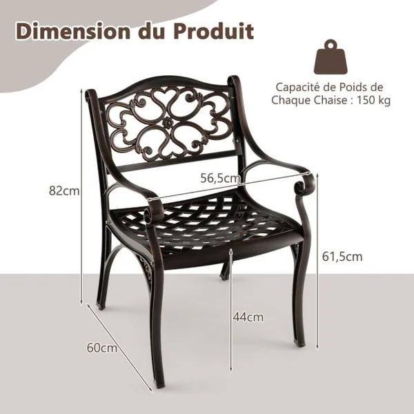 Lot de 2 Chaises en Fonte d'Aluminium Chaises de Salle à Manger d'Extérieur Toutes Saisons Accoudoirs et Sièges Incurvés Bronze