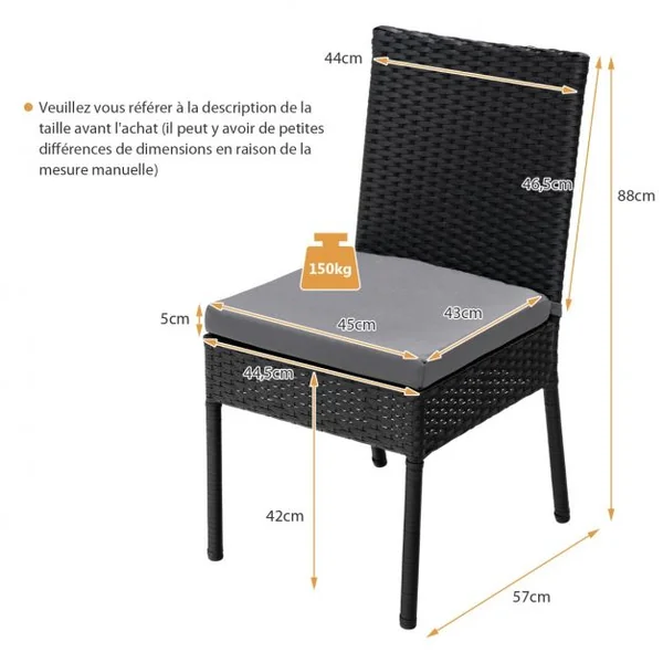 Lot de 2 Chaises en Rotin PE Chaises de Jardin d'Extérieur avec Coussins Moelleux Amovibles Charge 150kg Noir