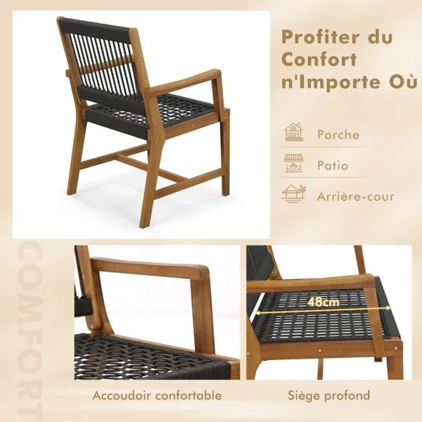 Lot de 2 Chaises Fauteuil de Jardin en Bois d’Acacia avec Accoudoirs Charge Max.160KG pour Terrasse Salle à Manger et Cour