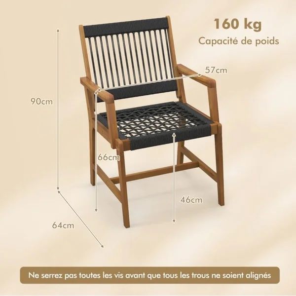 Lot de 2 Chaises Fauteuil de Jardin en Bois d’Acacia avec Accoudoirs Charge Max.160KG pour Terrasse Salle à Manger et Cour