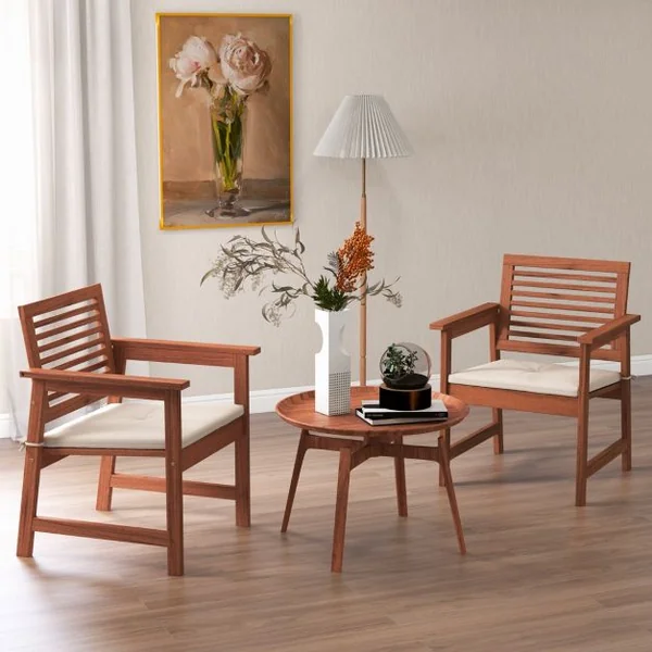 Lot de 2 Chaises Fauteuil de Jardin en Bois Dossier Siège à Lattes Coussin Amovible Charge 120KG Intérieur Extérieur