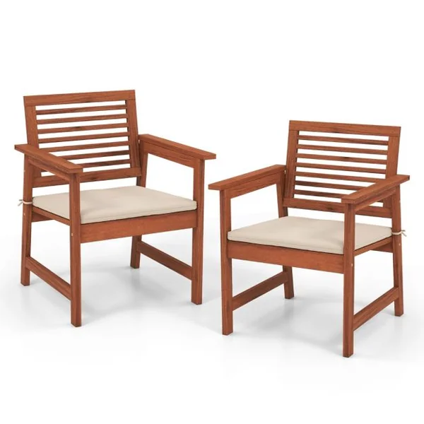 Lot de 2 Chaises Fauteuil de Jardin en Bois Dossier Siège à Lattes Coussin Amovible Charge 120KG Intérieur Extérieur