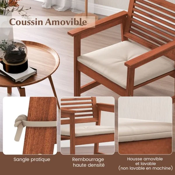 Lot de 2 Chaises Fauteuil de Jardin en Bois Dossier Siège à Lattes Coussin Amovible Charge 120KG Intérieur Extérieur