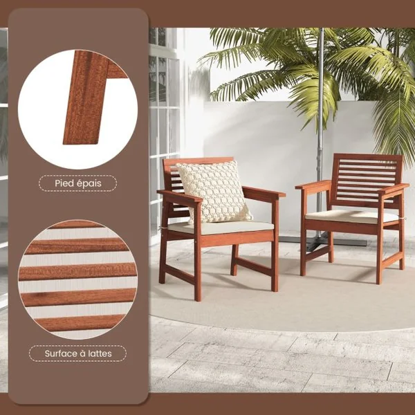 Lot de 2 Chaises Fauteuil de Jardin en Bois Dossier Siège à Lattes Coussin Amovible Charge 120KG Intérieur Extérieur