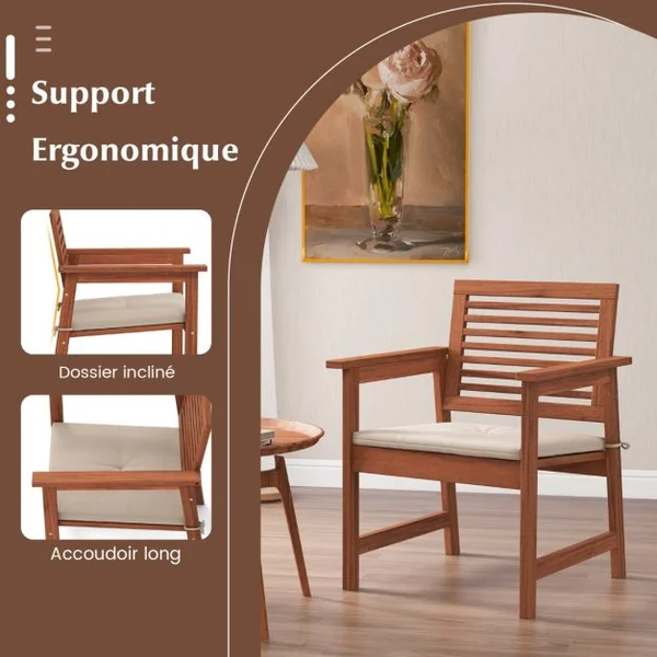 Lot de 2 Chaises Fauteuil de Jardin en Bois Dossier Siège à Lattes Coussin Amovible Charge 120KG Intérieur Extérieur