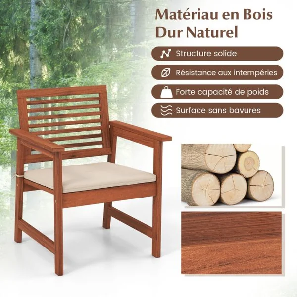Lot de 2 Chaises Fauteuil de Jardin en Bois Dossier Siège à Lattes Coussin Amovible Charge 120KG Intérieur Extérieur