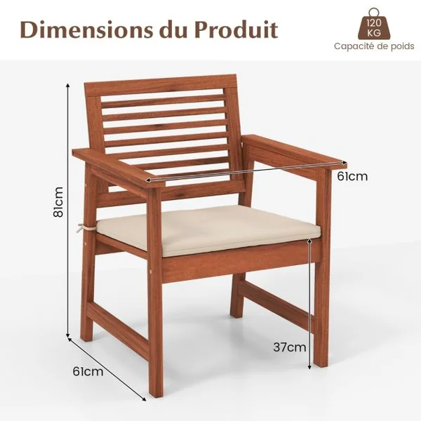 Lot de 2 Chaises Fauteuil de Jardin en Bois Dossier Siège à Lattes Coussin Amovible Charge 120KG Intérieur Extérieur