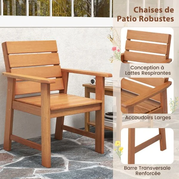 Lot de 2 Chaises Fauteuils de Jardin en Bois Charge 100KG Accoudoirs Conception à Lattes Peinture DIY Cour Terrasse