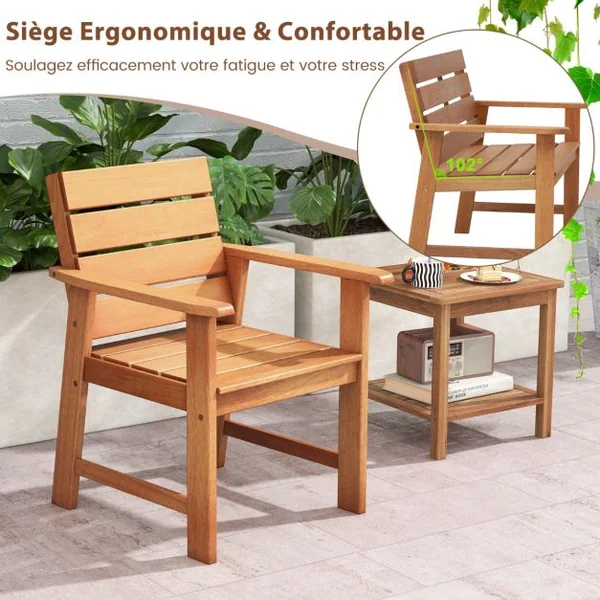 Lot de 2 Chaises Fauteuils de Jardin en Bois Charge 100KG Accoudoirs Conception à Lattes Peinture DIY Cour Terrasse