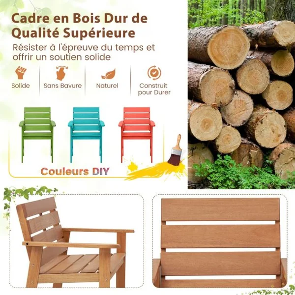 Lot de 2 Chaises Fauteuils de Jardin en Bois Charge 100KG Accoudoirs Conception à Lattes Peinture DIY Cour Terrasse