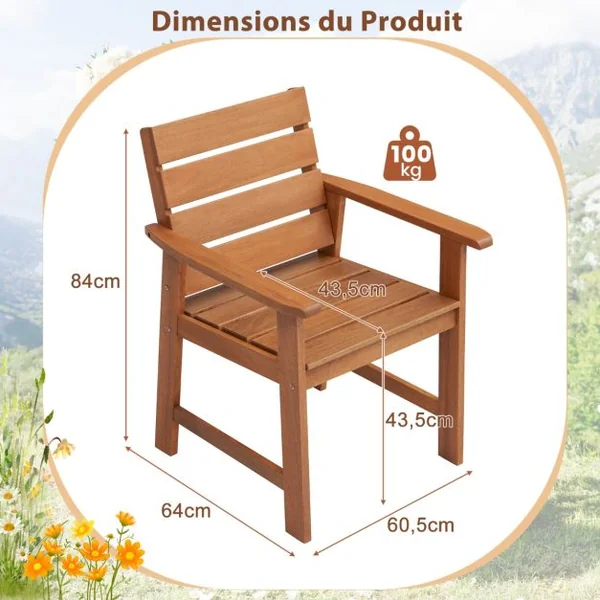 Lot de 2 Chaises Fauteuils de Jardin en Bois Charge 100KG Accoudoirs Conception à Lattes Peinture DIY Cour Terrasse