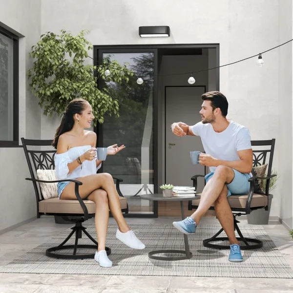 Lot de 2 Chaises Fauteuils de Jardin en Métal Base Rotative à 360° Coussin 9CM Charge 150 kg Intérieur Extérieur Café