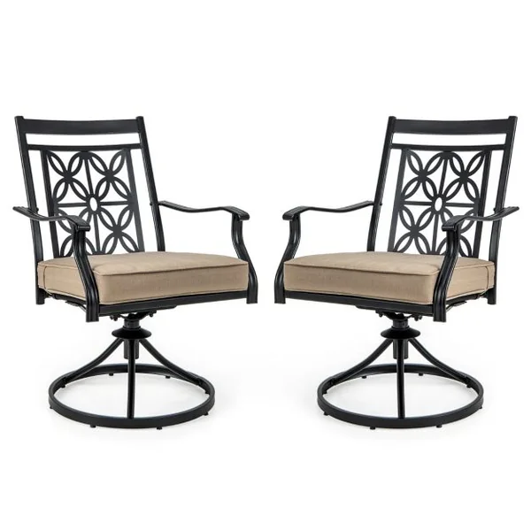 Lot de 2 Chaises Fauteuils de Jardin en Métal Base Rotative à 360° Coussin 9CM Charge 150 kg Intérieur Extérieur Café
