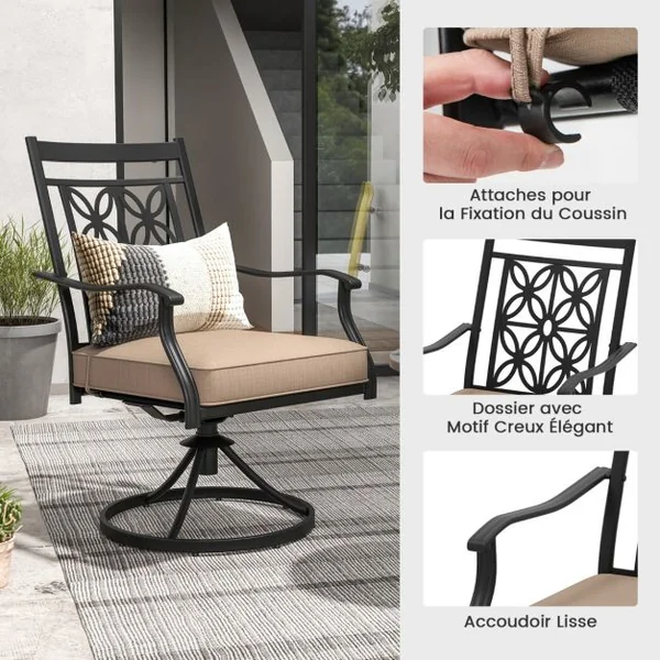 Lot de 2 Chaises Fauteuils de Jardin en Métal Base Rotative à 360° Coussin 9CM Charge 150 kg Intérieur Extérieur Café