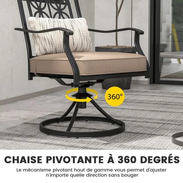 Lot de 2 Chaises Fauteuils de Jardin en Métal Base Rotative à 360° Coussin 9CM Charge 150 kg Intérieur Extérieur Café