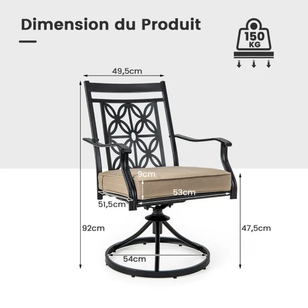 Lot de 2 Chaises Fauteuils de Jardin en Métal Base Rotative à 360° Coussin 9CM Charge 150 kg Intérieur Extérieur Café
