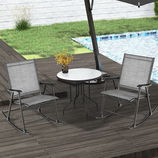 Lot de 2 Chaises Fauteuils à Bascule de Jardin Pliables en Textilène Cadre en Métal Boucle de Fixation Charge 150KG Café