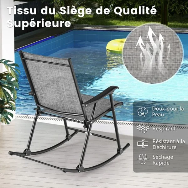 Lot de 2 Chaises Fauteuils à Bascule de Jardin Pliables en Textilène Cadre en Métal Boucle de Fixation Charge 150KG Café