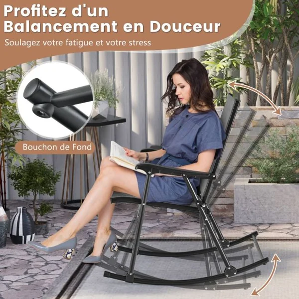 Lot de 2 Chaises Fauteuils à Bascule de Jardin Pliables en Textilène Cadre en Métal Boucle de Fixation Charge 150KG Café