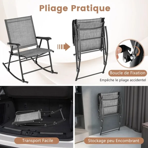 Lot de 2 Chaises Fauteuils à Bascule de Jardin Pliables en Textilène Cadre en Métal Boucle de Fixation Charge 150KG Café