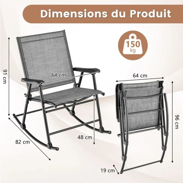 Lot de 2 Chaises Fauteuils à Bascule de Jardin Pliables en Textilène Cadre en Métal Boucle de Fixation Charge 150KG Café