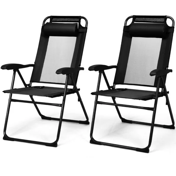 Lot de 2 Chaises Longues Pliante en Tissu Oxford avec Appuie-Tête Chaise de Jardin Inclinable Réglables sur 7 Positions Gris/Noir