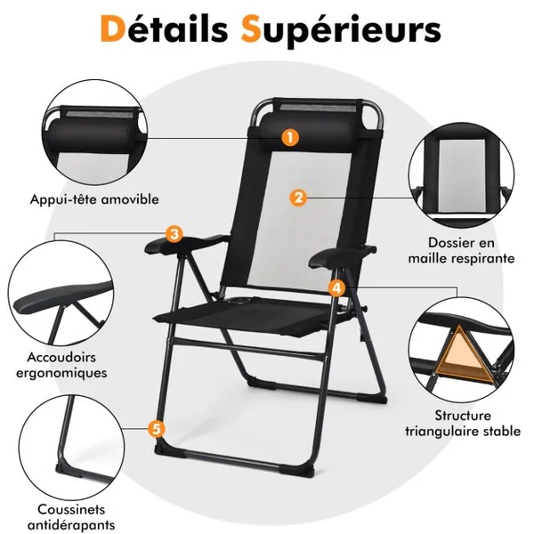 Lot de 2 Chaises Longues Pliante en Tissu Oxford avec Appuie-Tête Chaise de Jardin Inclinable Réglables sur 7 Positions Gris/Noir