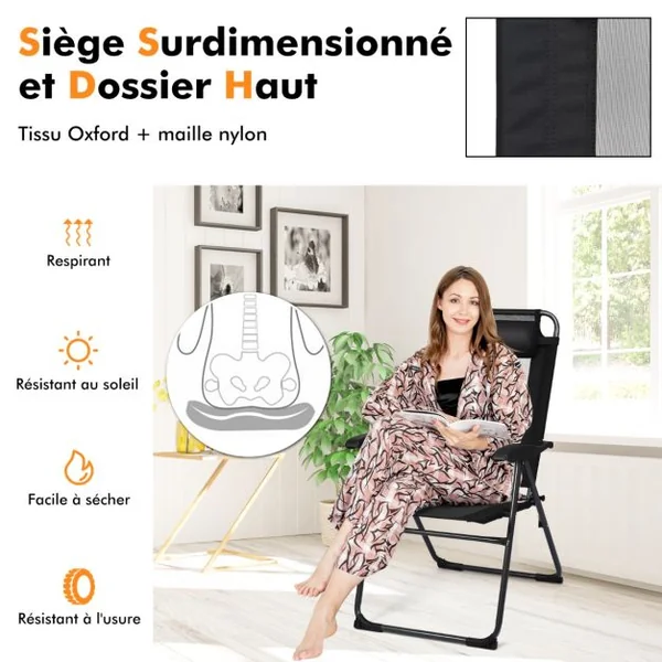 Lot de 2 Chaises Longues Pliante en Tissu Oxford avec Appuie-Tête Chaise de Jardin Inclinable Réglables sur 7 Positions Gris/Noir