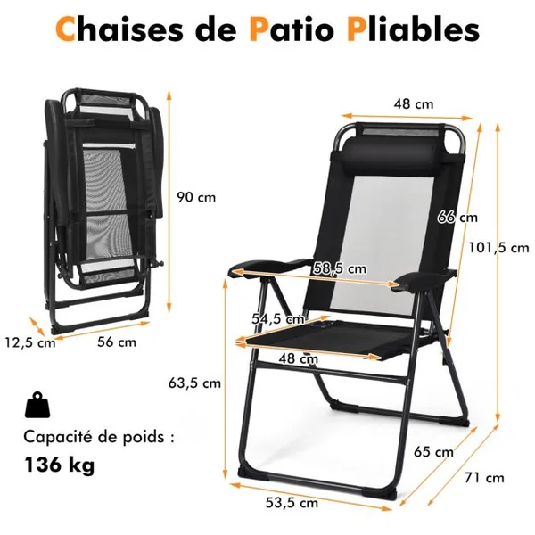 Lot de 2 Chaises Longues Pliante en Tissu Oxford avec Appuie-Tête Chaise de Jardin Inclinable Réglables sur 7 Positions Gris/Noir
