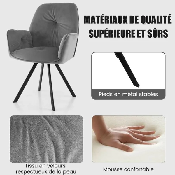 Lot De 2 Chaises Pivotantes en Velours Fauteuils Modernes En Velours Pieds En Métal Patin Antidérapants 63x59x87cm Gris