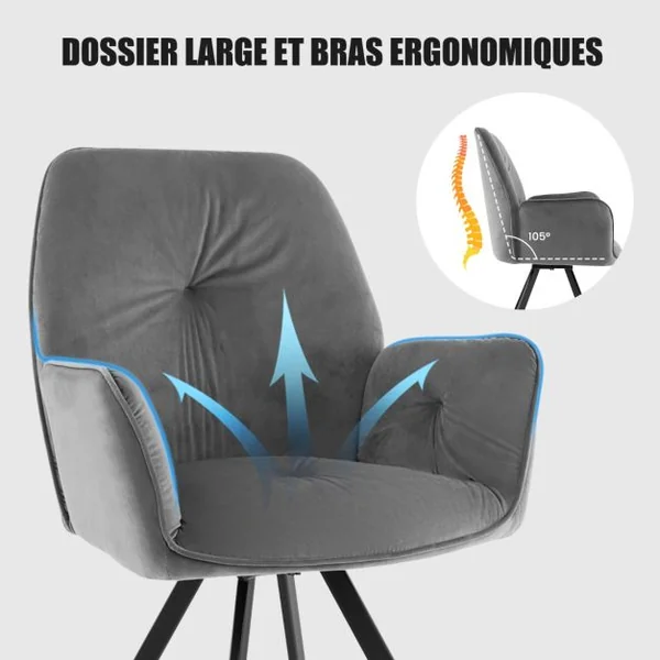 Lot De 2 Chaises Pivotantes en Velours Fauteuils Modernes En Velours Pieds En Métal Patin Antidérapants 63x59x87cm Gris