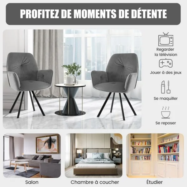 Lot De 2 Chaises Pivotantes en Velours Fauteuils Modernes En Velours Pieds En Métal Patin Antidérapants 63x59x87cm Gris