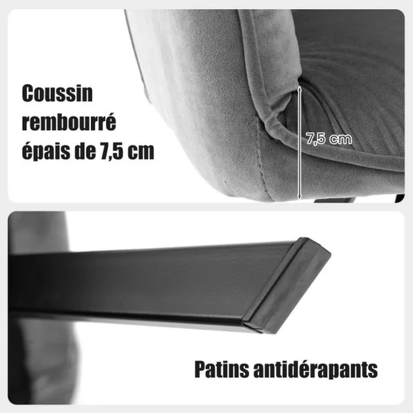 Lot De 2 Chaises Pivotantes en Velours Fauteuils Modernes En Velours Pieds En Métal Patin Antidérapants 63x59x87cm Gris