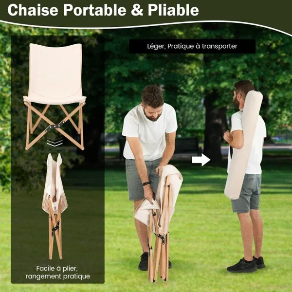 Lot de 2 Chaises Pliante de Jardin Extérieur Chaise Camping Portable Bambou avec Sac de Transport Chaise Charge 150 KG Beige