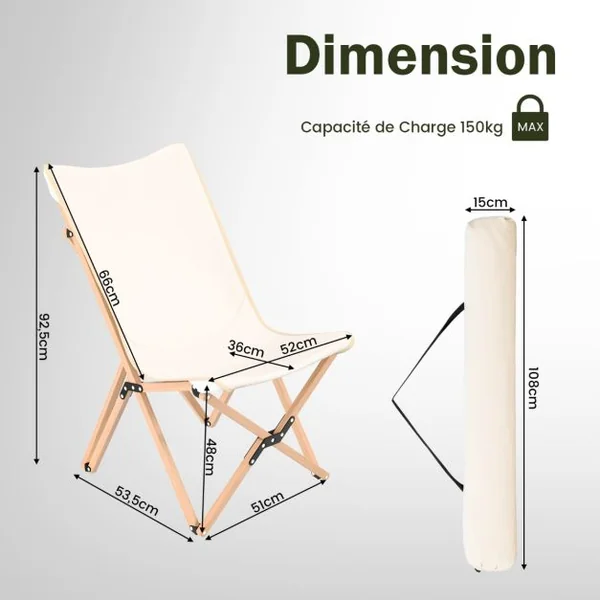 Lot de 2 Chaises Pliante de Jardin Extérieur Chaise Camping Portable Bambou avec Sac de Transport Chaise Charge 150 KG Beige