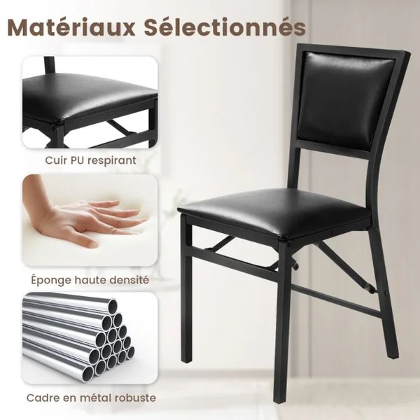Lot de 2 Chaises Pliantes en Métal Chaises d'Appoint Rembourrées en PU à Hauteur de Comptoir Dossier Haut Cadre en Métal de Style Moderne pour Cuisine