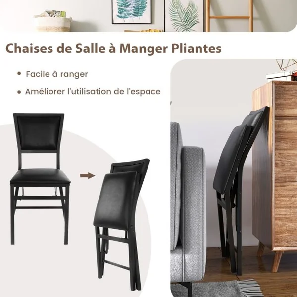 Lot de 2 Chaises Pliantes en Métal Chaises d'Appoint Rembourrées en PU à Hauteur de Comptoir Dossier Haut Cadre en Métal de Style Moderne pour Cuisine