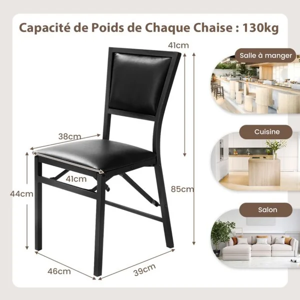Lot de 2 Chaises Pliantes en Métal Chaises d'Appoint Rembourrées en PU à Hauteur de Comptoir Dossier Haut Cadre en Métal de Style Moderne pour Cuisine