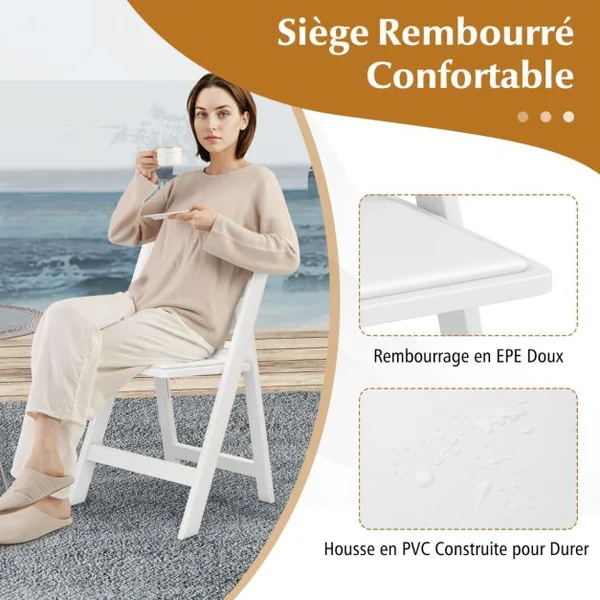 Lot de 2 Chaises Pliantes en Résine Chaises de Jardin Portables avec Siège Rembourré Cadre en Résine avec Capacité Statique de 500 kg Blanc